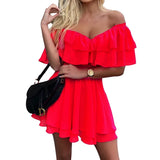 Fongt Spot 2023 Summer New One-Word Shoulder Sleeveless Flounce Sexy Mini Chiffon Dress-Outfit