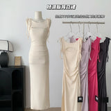 Women Fashion Solid Midi Dress Vintage Backless Sling Dress Thin Straps Female Dresses