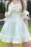 Kawaii Fairy Strap Dress Women Patchwork Off Shoulder Sexy Party Mini Dresses Bow Ruffle Sweet Cute Princess Sundress