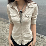 Fongt Waste Wind Single Buckle Shirt Women Retro Waist Thin Set New Double Pocket Sleeve Top