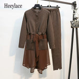 Women Two Piece Set Autumn Striped Long Tops Pants Suit Casual Single Breasted Blouse Elastic Waist Trousers