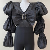 Solid Patchwork Bowknot Shirt For Women V Neck Lantern Sleeve Loose Blouses Female Fashion Spring Clothing 2022