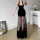 Fongt Autumn And Winter New Women's Fashion Sexy Hanging Neck Bare Back Mesh Dress