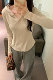 Basic Style Threaded Hooded Top Women's Autumn And Winter New Slim Short-Sleeved T-Shirt-Outfit