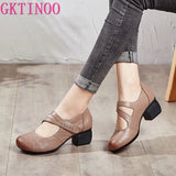 2021 Vintage Women Pumps Comfortable Genuine Leather High Heel Shoes Women Round Toe Casual Thick Heel Mother