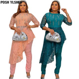 Two Piece Set Clothes African Dresses for Women Pant Suits 2022 Lace Hot Drilling Irregular Long Dress Sexy Outfits for
