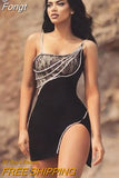 2023 Summer Ladies New Mesh Sling Sling Diamond Split Sexy Bodycon Black Dress Fashion Celebrity Club Evening
