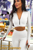 2023 Summer Women Casual 2 Pieces Long Sleeve Zipper V Neck Crop Top High Waist Leggings Set Tracksuit Streetwear
