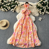 Fongt Hollow Hanging Neck Sling Dress Female Pure Lust Atmosphere Feel Waist Thin Temperament Super Fairy Holiday Floral Dress