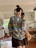 Vintage Striped Green Sweater Cardigan Women Korean Preppy Style Oversize Button Jumper Harajuku Loose V-neck Knit