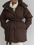 Fongt Casual Waist Thin Hooded Medium Long Bread Cotton Clothes Women Thick Cotton Coat Brown