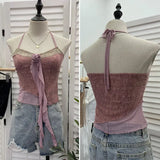 Fongt Shooting Pure Lust Style Set Hanging Neck Lace Hollow Sling Sling Vest + Short Lotus Leaf Side Shirt 88968