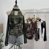 Fongt Hottie Hanging Neck A Word Shoulder Collar Long Sleeve Mesh Yarn T-Shirt 1331