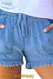 Women's Washed Denim Shorts, Casual Drawstring Elastic Waist Frayed Hem Loose Short