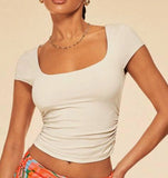 New Hot Women Decorate Body Solid Color Summer Square Neck Casual T-Shirt