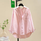 Fongt 2025 Spring And Autumn New Korean Version Of Small Fresh Cardigan Striped Single Pocket Loose Lanky Long Sleeve Shirt Woman
