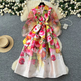 Fongt 2025 Court Wind V Tie Belt Belt Belt Belt Lantern Sleeve Print Thin Long Dress