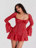 Fongt New Women's Clothing Temperament Fashion Lace Trumpet Long Sleeve Strap A Swing Dress Woman