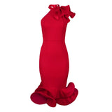Fongt Half-High Collar Lotus Leaf-Side Dress Sided Shoulder Lotus Hem Banquet Evening Dress Dresses