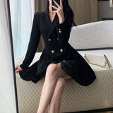 Clothing Tailored Collar Mini Dress Commute 2023 Spring Autumn Double Breasted Basic Solid Color Stylish Pleated Dresses-Outfit