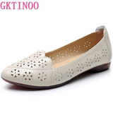 Breathable Genuine Leather Summer Shoes Woman 2021 Flat Heel Hollow Out Flats Slip On Shoes For Women