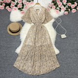 Fongt Wind Temperament Sweet Broken Flower V Collar Dress Beach Vacation Snow Spinning A Word Long Skirt-Outfit