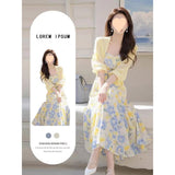 Fongt Dress Women's Summer 202 5 New Slimy Temperament Cardigan + Slings Broken Floral Dress Two Sets