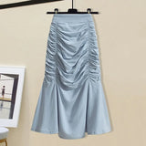 Women Summer French Vintage Two Pieces Set Korean Puff Sleeve Fake Two Piece Patchwork Tops And Draped Bodycon Mermaid Skirt