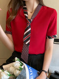 2022 Summer Womens Shirts Korean Fashion Blouse Short-sleeve Chiffon Women Blouse Loose OL Womens Tops Bow Tie Button Up