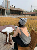 Bare-Back Sleeveless Knitted Sling Girls Summer Slim Vest Unique Exquisite Gray Top-Outfit