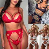 Sex Lingerie Deep V Open Ass Heart Garters Three-Piece Sexy Pajamas