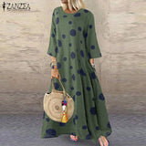 Autumn 3/4 Sleeve Polka Dot Printed Long Dress Vintage Women's Cotton Linen Dresses Female Kaftan Vestido Femme