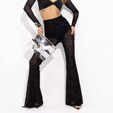 Fongt Women's Explosive Sexy Mesh Yarn Velvet High-Rise Legs Long Micro-Rac Casual Trousers