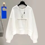 New Short Crewneck Sweatshirts Women Casual Long-sleeved T Shirt 2022 Korean Loose Zipper Patch Niche Pullover Tops