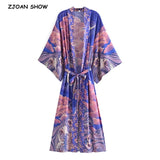 Bohemian Women Blue Space Moon Flower Print Kimono Shirt BOHO Beach Tide Bow Sashes Maxi Long Cardigan Blouse Holiday