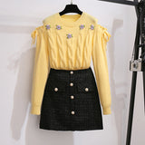 Women Autumn Winter Two Pieces Set Sweet Floral Embroidery Off The Shoulder Long Sleeve Knitted Sweater And Tweed Skirts