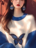 Fongt Early Autumn New Sweater Small Korean Languid Wind Hit Klein Blue Butterfly Print Knitting Top