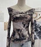 Fongt Shooting Strapped With Hollow Retro Print Long-Sleeved Mesh T-Shirt Ribbon Design Spring And Summer Top 1195