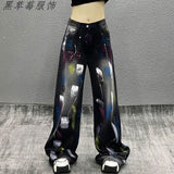 Fongt Cowboy Broad-Legged Trousers In Autumn Personality Painted New High-Waisted Loose Thin Temperament Casual Pants