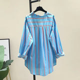 Fongt Spring And Summer Striped Polo Collar Long-Sleeved Casual Shirt Thin Large-Size Loose Sunscreen Shirt