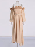 French Elegant Wind Shoulder Dress Dress 2025 New Splicing Three-Dimensional Flowers Decorated Long Dress