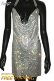 Crystal Rhinestone Drape Backless Dress 2023 NEW Mesh Sequin Bodycon Club Halter 2 Slits Evening Party Christmas Mini