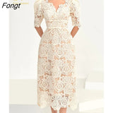 Han Queen Summer Dresses Korean Retro High Waist Vestidos Elegant Fashion Slim Midi Hollow Out Office Party Casual Lace