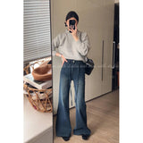 Fongt Blue T-Shirted High-Belt Plus Velvet Horn Jeans Women Autumn And Winter Spring And Autumn Narrow Version Straight Horseshoe Long Pants