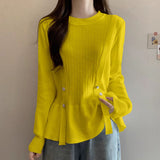 O-Neck Knitted Blouse Female Clothing Slim Waist 2023 Autumn Winter Long Sleeve Fashion Button Spliced Solid Color Shirt-Outfit