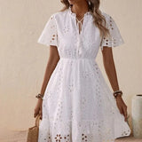 Fongt Fashion Hot White Cotton Embroidered Lace Hollow Dress