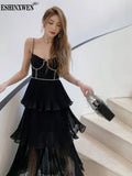 Top Quality Women Dress 2024 Early Autumn New Light Luxury Black Blut Chiffon Pleated Cake Suspender Dresses TH4588-Outfit