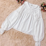 Style Sweets Lolita Blouse Women Kawaii Lace Peter Pan Collar JK Shirts Girls Chic Long Lantern Sleeve Black White Blouses-Outfit