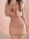 Pink Elegant Two Piece Set Women Korean Style Balzer Coat+Strap Mini Dress Set Female Solid Casual Slim Designer Set