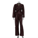 Fongt Spring And Autumn New Retro Green Fruit Collar With Belt Leather Coat High Waist Leather Pants Fashion Suit Female-Outfit